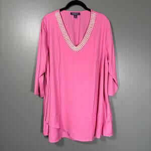 Roaman's NWOT Glam Pink Pearl Trim Neck Tunic Top - Size 18W - Women's Plus Size